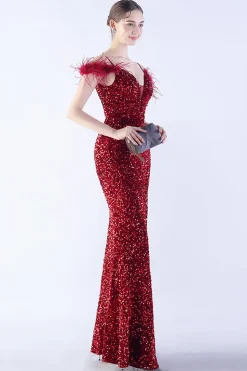 Sereia Esparguete Alças Lantejoulas Vestido de Noite Formal Com Penas