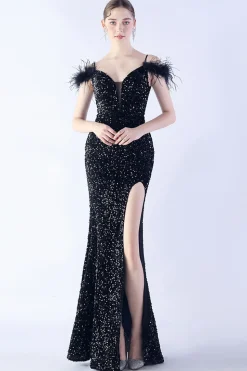 Sereia Esparguete Alças Lantejoulas Vestido de Noite Formal Com Penas