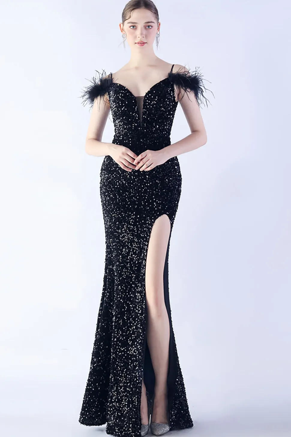 Sereia Esparguete Alças Lantejoulas Vestido de Noite Formal Com Penas