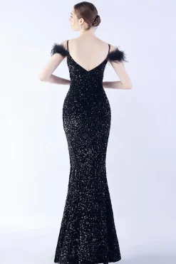 Sereia Esparguete Alças Lantejoulas Vestido de Noite Formal Com Penas