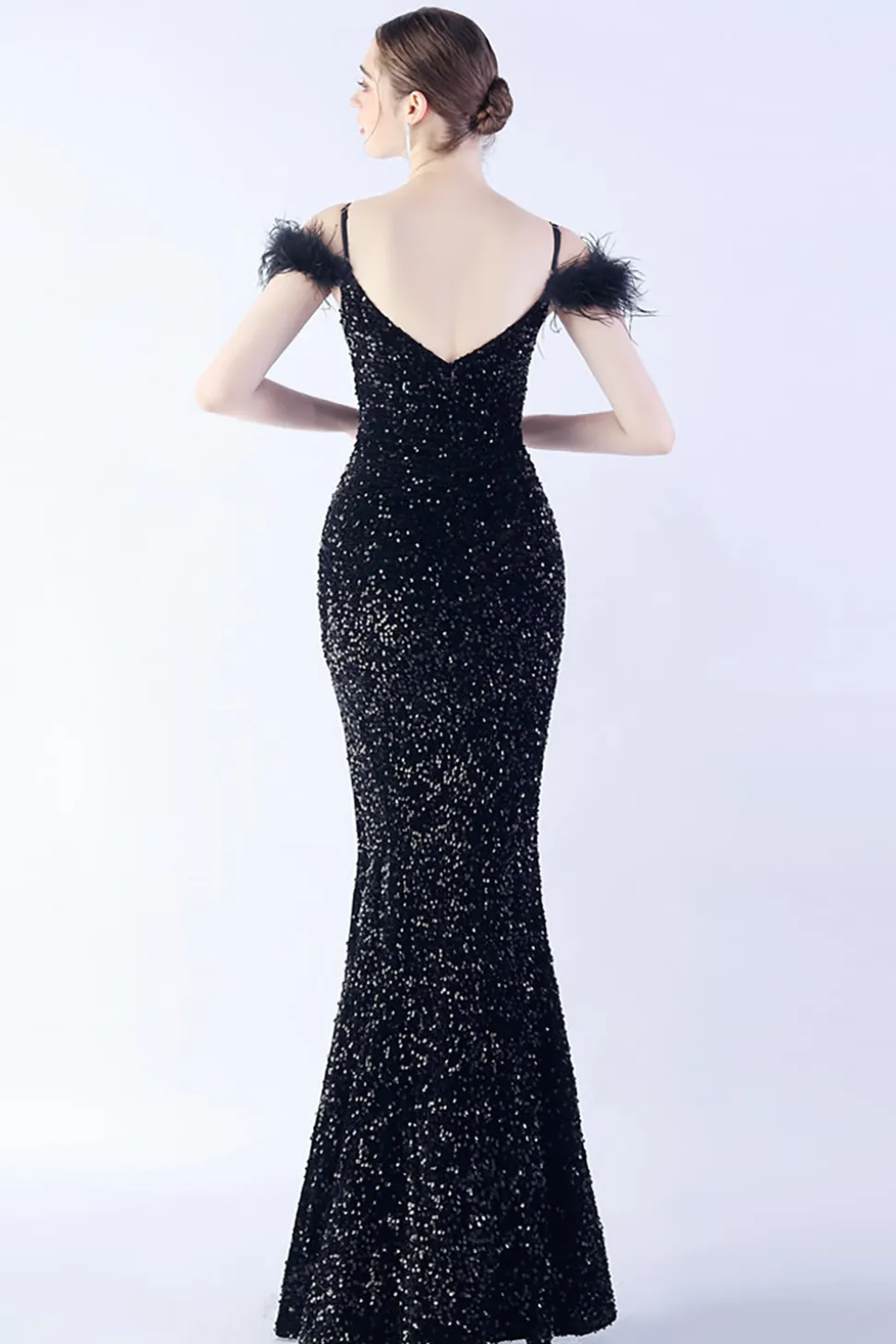 Sereia Esparguete Alças Lantejoulas Vestido de Noite Formal Com Penas