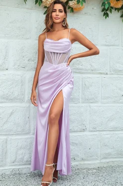 Sereia Esparguete Alças Lilás Corset Vestido Madrinha com Fenda