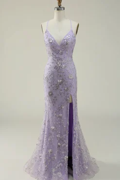 Sereia Esparguete Alças Roxo Vestido de Baile