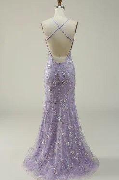 Sereia Esparguete Alças Roxo Vestido de Baile