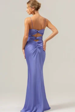 Sereia Esparguete Correias Hollow out Twist Frente Vestido Roxo Madrinha