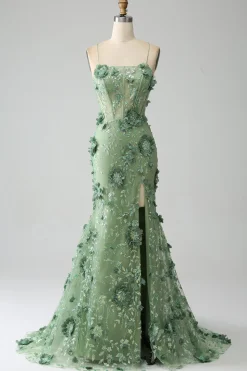 Sereia Esparguete Correias Verde Corset Prom Dress com Apliques