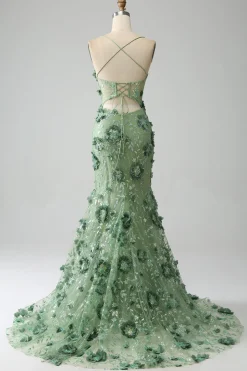 Sereia Esparguete Correias Verde Corset Prom Dress com Apliques