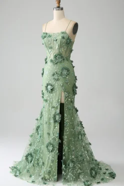 Sereia Esparguete Correias Verde Corset Prom Dress com Apliques