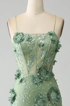 Sereia Esparguete Correias Verde Corset Prom Dress com Apliques