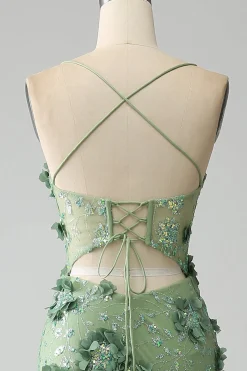 Sereia Esparguete Correias Verde Corset Prom Dress com Apliques