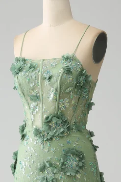 Sereia Esparguete Correias Verde Corset Prom Dress com Apliques