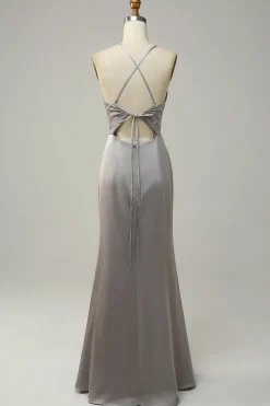 Sereia Esparguete Correias Cinza Vestido de Dama de Honor com Costas Abertas
