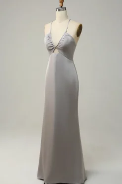 Sereia Esparguete Correias Cinza Vestido de Dama de Honor com Costas Abertas