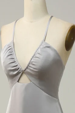 Sereia Esparguete Correias Cinza Vestido de Dama de Honor com Costas Abertas
