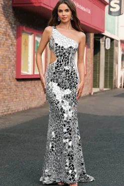 Sereia Espelho de Prata Sequins Um Ombro Vestido de Baile com Hollow-out