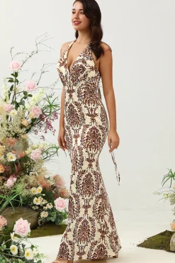 Sereia Estampado Castanho Vestido de Dama de Honor