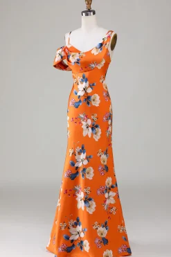 Sereia Estampado Flor Laranja Vestido de Dama de Honor