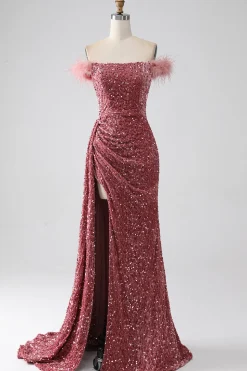 Sereia Fora do Ombro Blush Sequins Prom Dress com Fenda