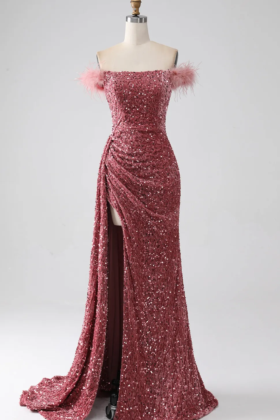 Sereia Fora do Ombro Blush Sequins Prom Dress com Fenda