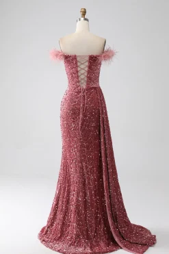Sereia Fora do Ombro Blush Sequins Prom Dress com Fenda