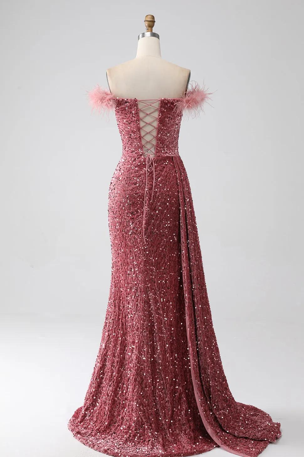 Sereia Fora do Ombro Blush Sequins Prom Dress com Fenda