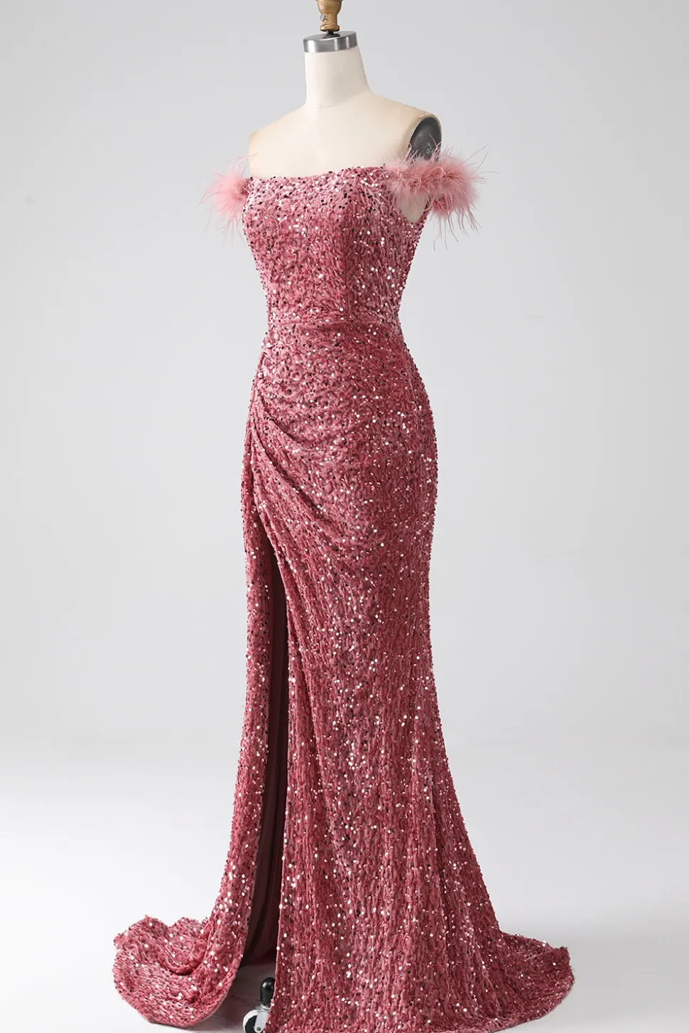 Sereia Fora do Ombro Blush Sequins Prom Dress com Fenda