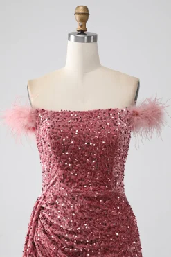 Sereia Fora do Ombro Blush Sequins Prom Dress com Fenda