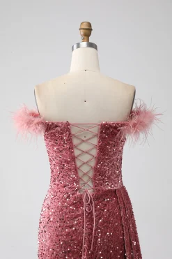 Sereia Fora do Ombro Blush Sequins Prom Dress com Fenda