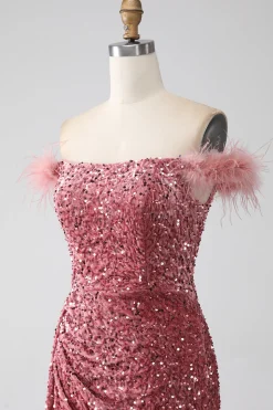 Sereia Fora do Ombro Blush Sequins Prom Dress com Fenda