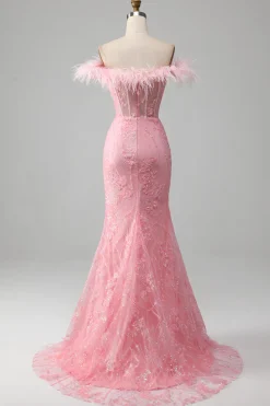 Sereia fora do ombro brilhantes penas rosa espartilho vestido de baile com fenda