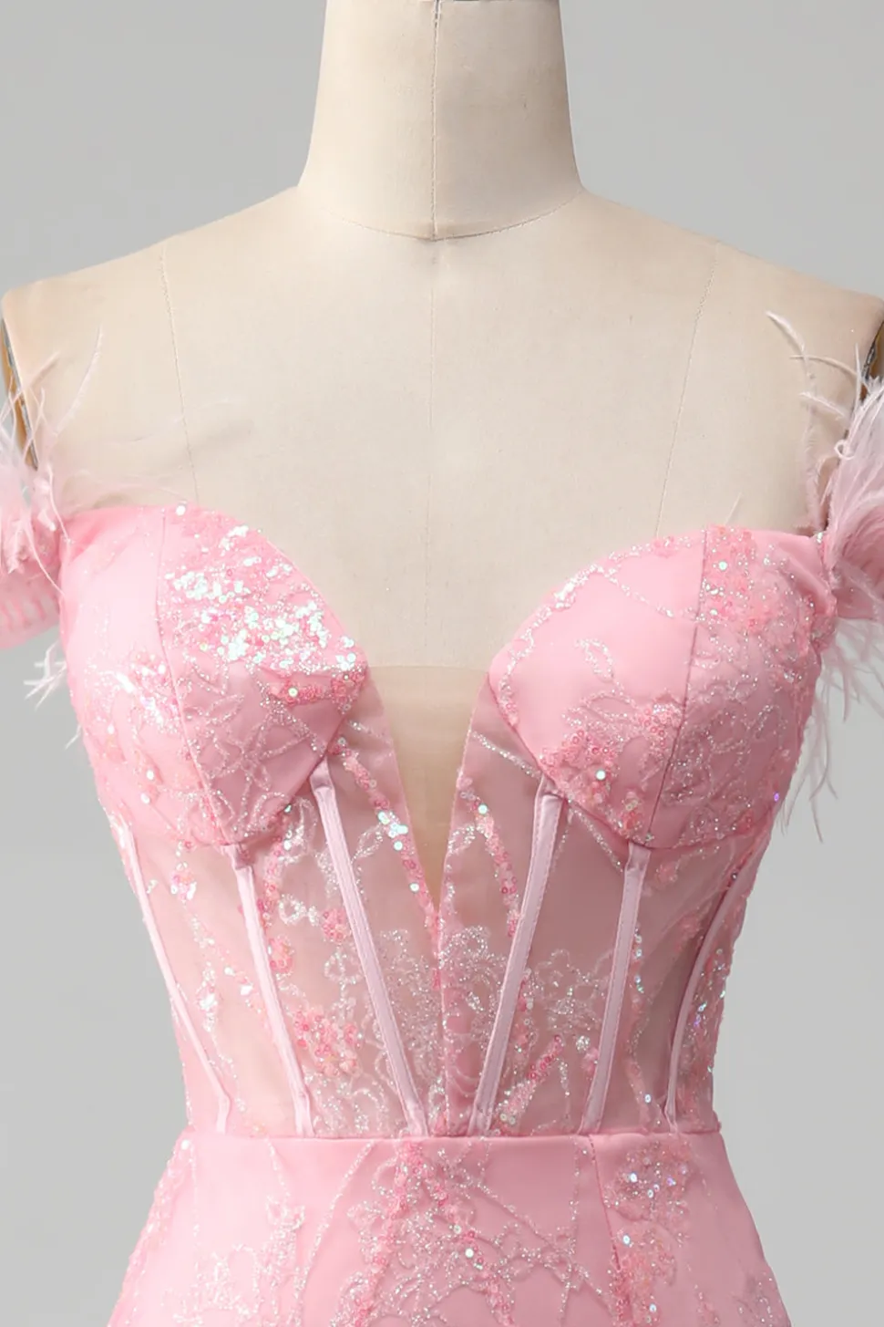 Sereia fora do ombro brilhantes penas rosa espartilho vestido de baile com fenda