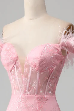 Sereia fora do ombro brilhantes penas rosa espartilho vestido de baile com fenda
