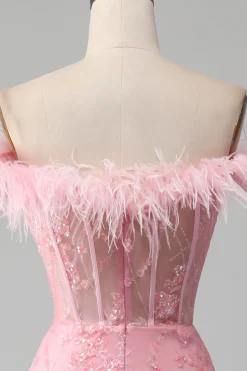 Sereia fora do ombro brilhantes penas rosa espartilho vestido de baile com fenda