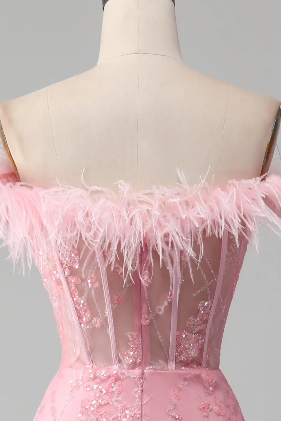 Sereia fora do ombro brilhantes penas rosa espartilho vestido de baile com fenda