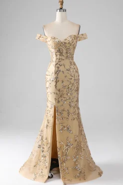 Sereia fora do ombro dourado vestido de baile de formatura com friso com fenda