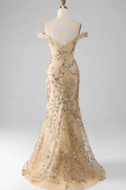 Sereia fora do ombro dourado vestido de baile de formatura com friso com fenda