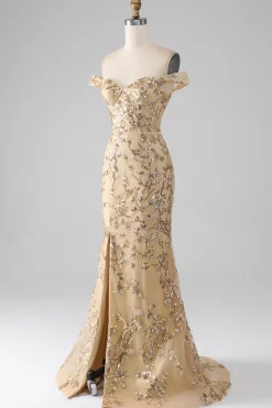 Sereia fora do ombro dourado vestido de baile de formatura com friso com fenda