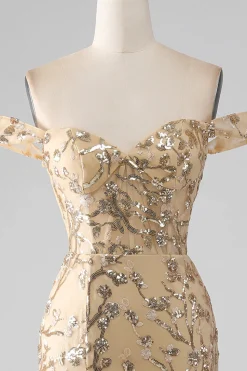 Sereia fora do ombro dourado vestido de baile de formatura com friso com fenda