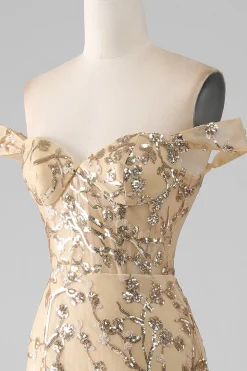 Sereia fora do ombro dourado vestido de baile de formatura com friso com fenda