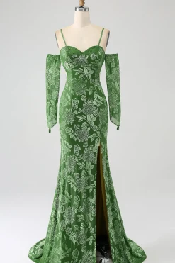 Sereia fora do ombro Olive estampado vestido longo baile de formatura com frente dividida