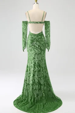Sereia fora do ombro Olive estampado vestido longo baile de formatura com frente dividida