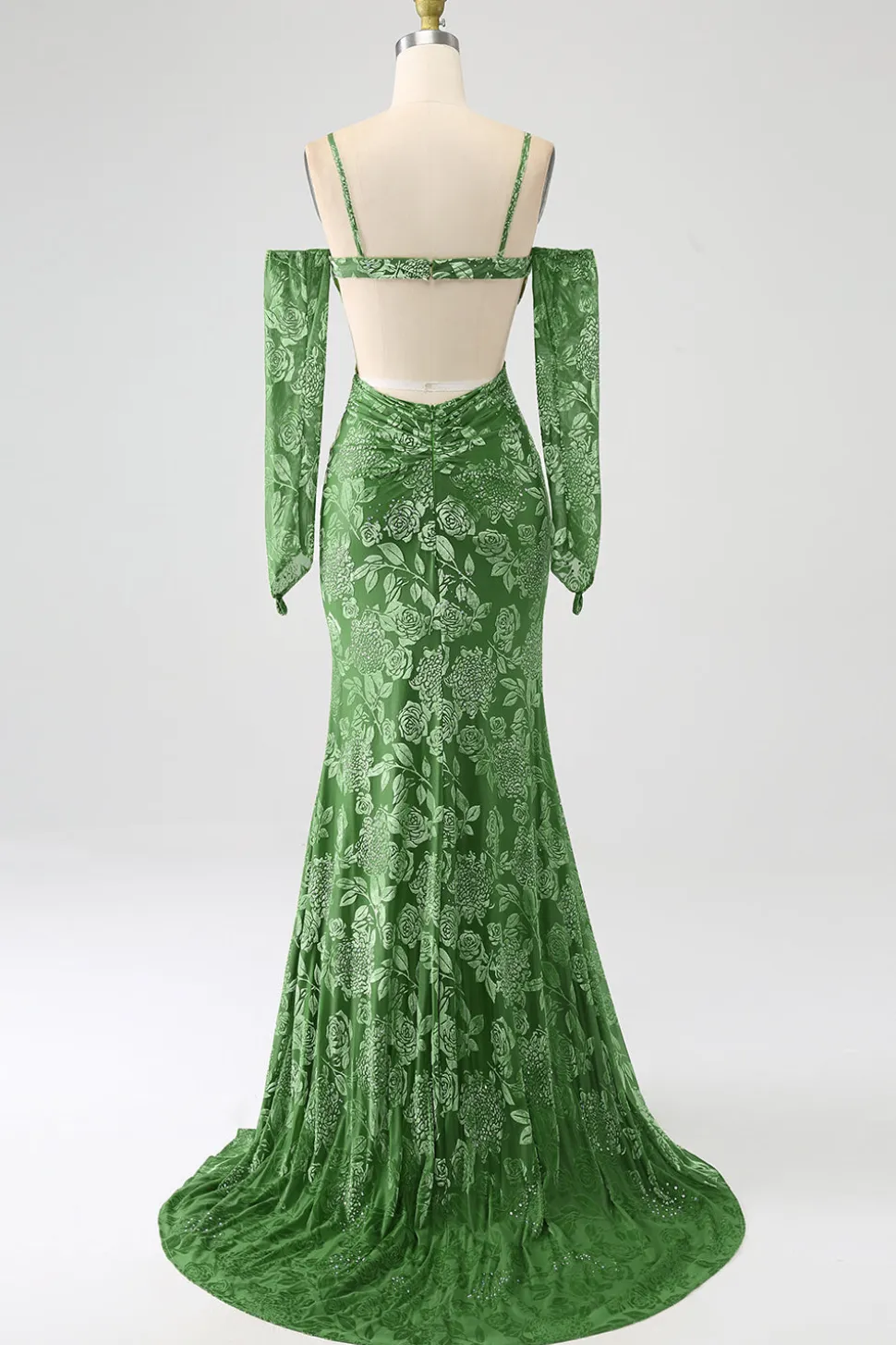 Sereia fora do ombro Olive estampado vestido longo baile de formatura com frente dividida