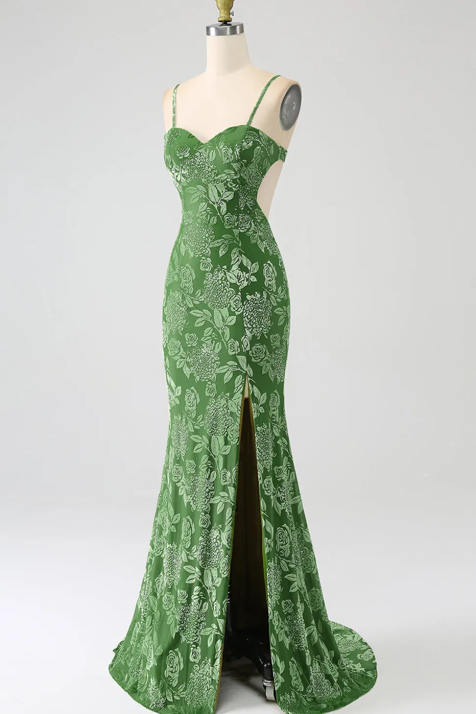 Sereia fora do ombro Olive estampado vestido longo baile de formatura com frente dividida