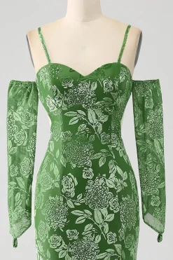 Sereia fora do ombro Olive estampado vestido longo baile de formatura com frente dividida