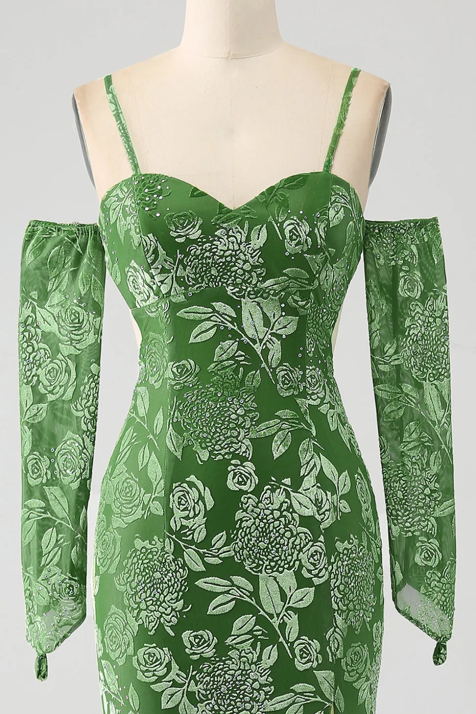 Sereia fora do ombro Olive estampado vestido longo baile de formatura com frente dividida