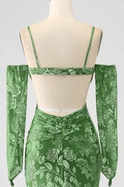 Sereia fora do ombro Olive estampado vestido longo baile de formatura com frente dividida