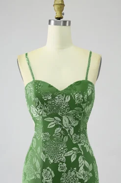 Sereia fora do ombro Olive estampado vestido longo baile de formatura com frente dividida