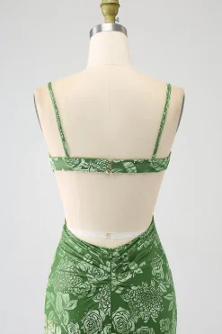 Sereia fora do ombro Olive estampado vestido longo baile de formatura com frente dividida
