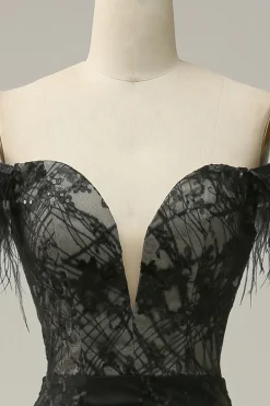 Sereia Fora do Ombro Preto Vestido de Cerimónia Com Pena