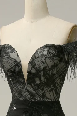 Sereia Fora do Ombro Preto Vestido de Cerimónia Com Pena